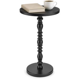 Round Side Table, Solid Wood Pedestal Drink Table for Small Spaces, Modern Accent End Table with Non-Slip Base for Living Room, Bedroom, Sofa Couch, Black
