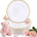 Hioasis 60pcs Gold Plastic Plates - White and Gold Disposable Dinnerware with Gold Rim, Heavy-duty, 7 inch, Dessert Plates for Party & Thanksgiving