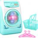 deAO Washing Machine Toy for Kids Dollhouse Furniture Pretend Play Household Appliance Realistic Sounds with Lights Laundry Play Set with Rotatable Roller for Boys Girls