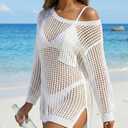 SOCIALA Women's Bathing Suit Crochet Beach Coverup Casual Scoop Neck Long Sleeves Bikini Swimsuit Cover Up White Small (S)