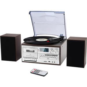 MUSITREND 10 in 1 Record Player with External Speakers, 3 Speed Bluetooth Turntable Vinyl Player with CD/ Cassette Play, AM/ FM Radio, USB/ SD Playback, Aux-in/ RCA Line Out