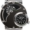 Men's Unique Analog Watch, Waterproof Fashion Dress Quartz Wrist Watch with Dual Dial Cool Design Leather Band Dual Time Watches
