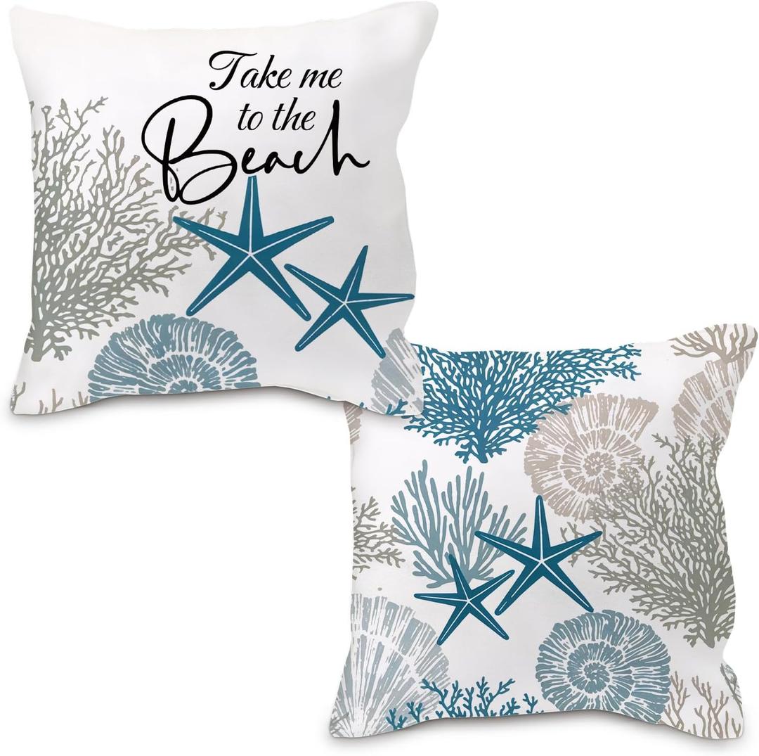 Coastal Beach Pillow Covers 18x18, Beachy Room Decor Aesthetic, Ocean Coral Seashell Starfish Nautical Decorative Throw Pillows Case for Home Room Office Decor, Set of 2