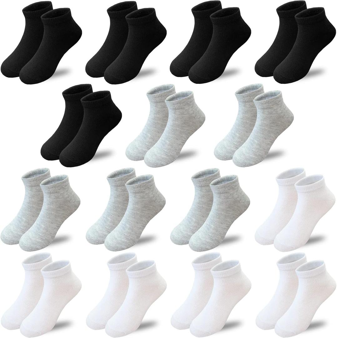 15 Pairs Kids Low Cut Socks Half Cushion Sport Ankle Athletic Socks for Boy Girl (8-10 Years, Black,white,grey)