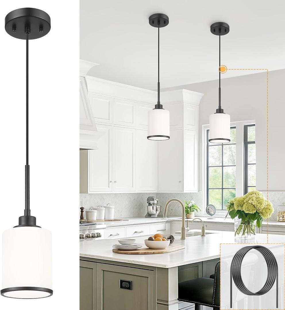 Beionxii Pendant Lights Kitchen Island, Modern Kitchen Pendant Lighting Over Island with Milk Glass, Matte Black Pendant Light Fixtures for Sink, Dining Room, Entryway, BX-PL02MB (1 Pack)