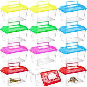 12Pcs Plastic Reptile Terrariums Carrier Cage, Tarantula Enclosure Snake Breeding Box Hatching Container Transparent Fish Tank Turtle Aquarium with Random Color Lid for Lizards, L(8.7" x 5.5" x 5.9")