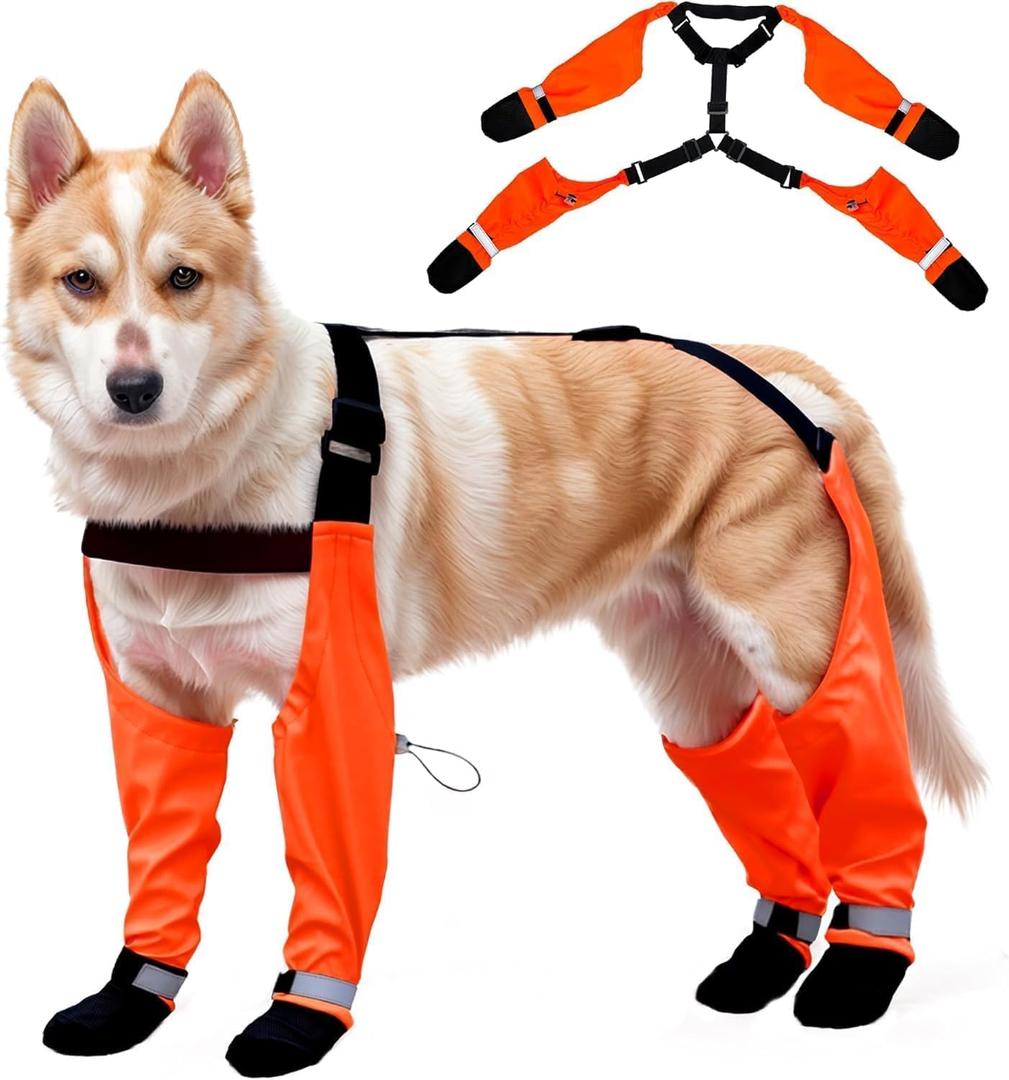 Dog Suspender Boots, Large Dog Rain Boots, Waterproof Doggy Winter Boot Snow Pants, Paw Protectors Legging Shoes with Suspenders, Anti-Slip Rain Boot (Large, Orangec)