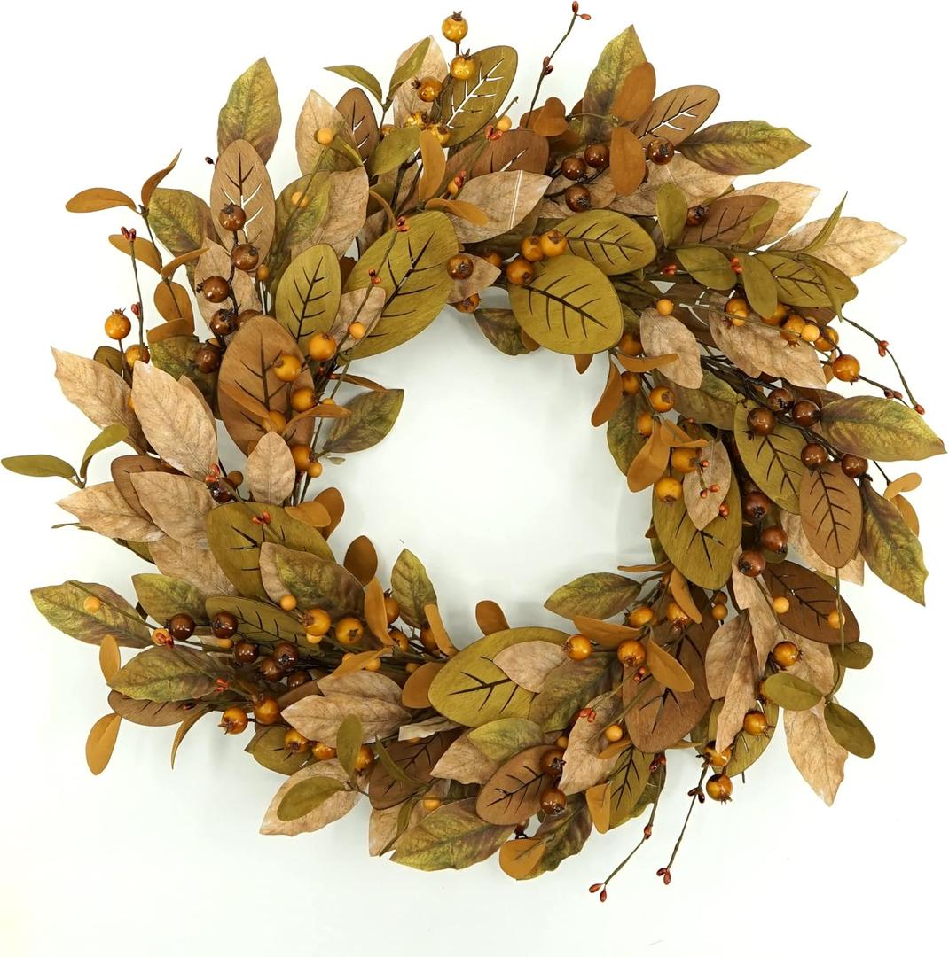 20'' Fall Wreath Autumn Wreath for Front Door with Brown Magnolia Leaves and Small Pomegranate Fruits for Home Outdoor Farmhouse Porch Wall Window Decoration,Brown Gift Box Included
