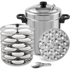 KSJONE 8 Liter Large Stainless Steel Idli Cooker with Whistle Indicator, Food Grade 8 Idli Plates For Cooker, Electric Pot, Insta Pot - 8 Idli Plates & 1 Mini Idly Plates, Makes 32 Idlis