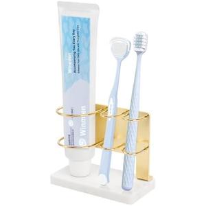 Winmien Toothbrush Holder for Bathroom Counter, Metal Toothbrush and Toothpaste Holder Stand with Marble Base for Bath Organizer Countertop, 3 Slots (Gold)