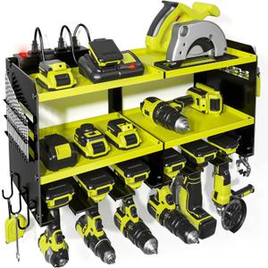 Power Tool Organizer, 15 Min Quick Assembly & Max 420lb load by Heavy Duty Metal, 6 Slots for Cordless Drill with 4 Outlet Power Strip in Garage/Workshop/Suitable for Thanksgiving/Christmas (Green)