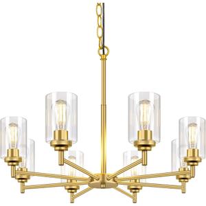 Sucolite 33.5'' 8-Light Chandelier for Dining Room Kitchen Island, Modern Farmhouse Pendant Lighting with Glass Shades Industrial Gold Hanging Ceiling Light Fixture for Living Room, Height Adjustable