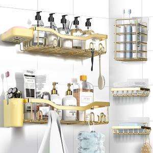 Shower Caddy Adhesive Shower Organizer 7-Pack, Rustproof Stainless Steel Bathroom Shelves, Large Capacity No-Drill Rack Storage Accessories with Soap Dish Toothbrush Holder Hooks (7-Piece Set, Gold)
