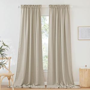RYB HOME Linen Sheer Curtains Extra Long Farmhouse Bedroom Sliding Door, Beige, W 52 x L 120, 2 Panels