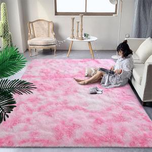 DweIke Fluffy Pink White Rugs for Bedroom Living Room, 3x5 Feet Soft Plush Shaggy Tie-Dyed Pink Girls Boys Kids Rug, Non-Slip and Machine Washable Carpet for Dorm Nursery Classroom Decor