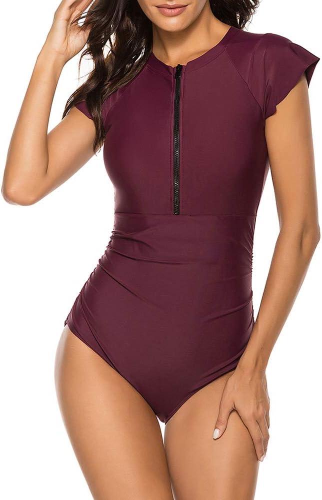 Wolddress Women Modest One Piece Bathing Suit Short Sleeve Tummy Control Swimsuit Zipper Surfing Athletic Rash Guard (Red, L)