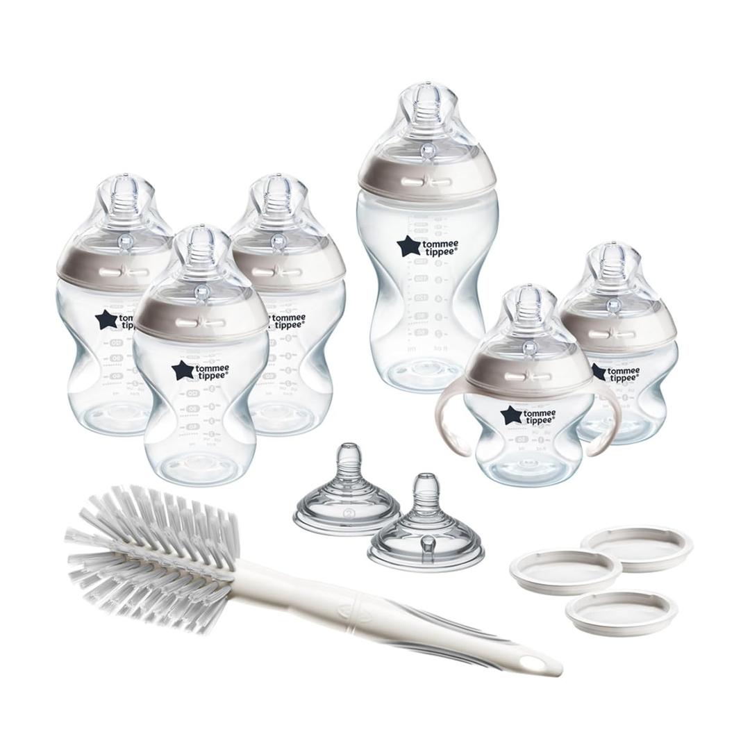 Tommee Tippee Natural Start 12 Piece BPA Free Bottle Set, Includes 2 x 5 oz, 3 x 9 oz, 1 x 11 oz Bottles, Newborn 0+ Months, Slow, Medium & Thicker Flow Breast-Like Nipples, Cleaning Brush, Clear (Neutral)