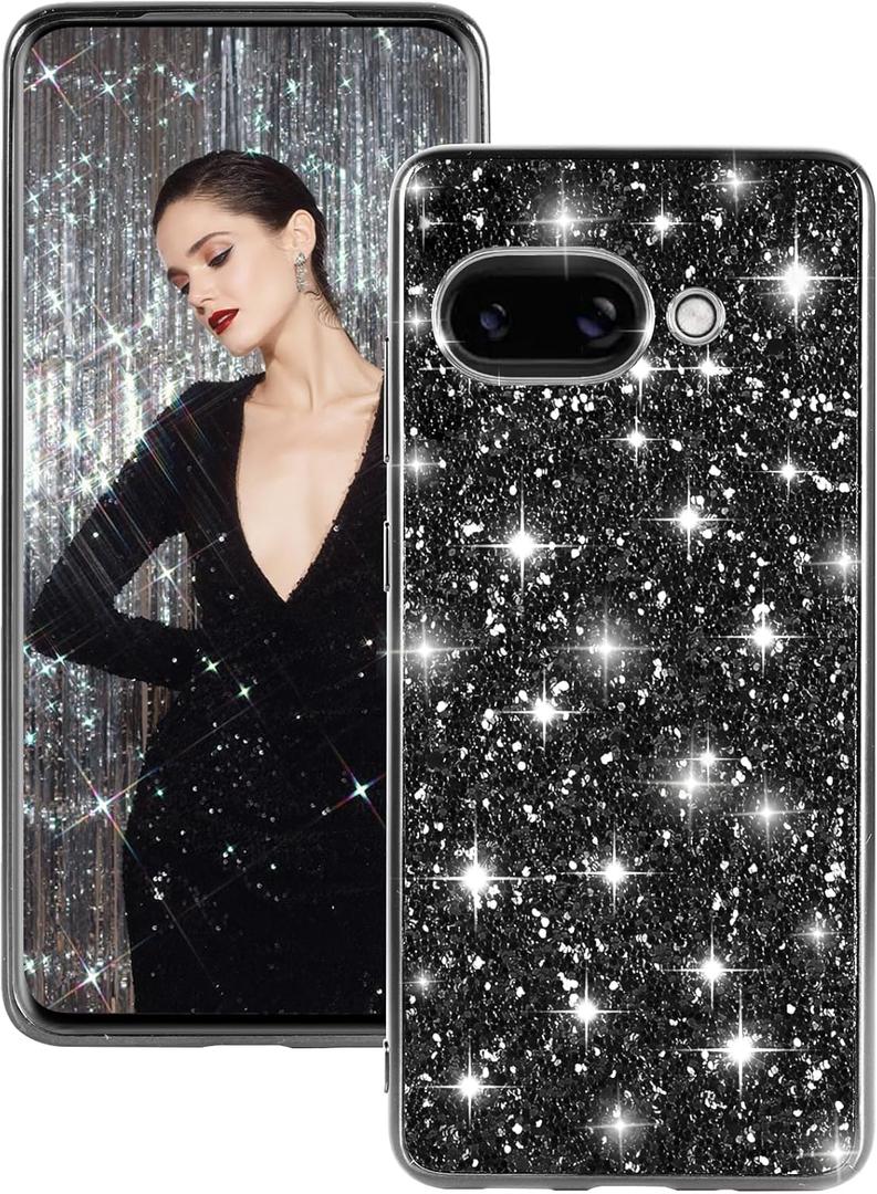 Silicone Case for Google Pixel 9A 5G Phone Case Glitter Sparkle Bling, Hybrid Matte Back Case High Impact Heavy Duty Shockproof Protective Cover for Google 9A Cute Case for Women 6.3-inch (Black)