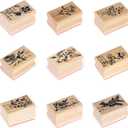 Tvoip 9 Pcs Flower Pattern Wooden Stamps, Rectangle Flower Pattern Printed Ink Stamps Decorative Rubber Stamp Set for DIY Craft, Letters Diary and Craft Scrapbooking