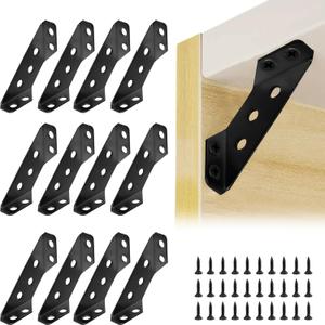24 Pcs Black Universal Stainless Steel Furniture Corner Connector With 168 Screws, Trapeziform Brackets, Angle Brace for Wood Shelves, Chair Drawer Cabinet Tables