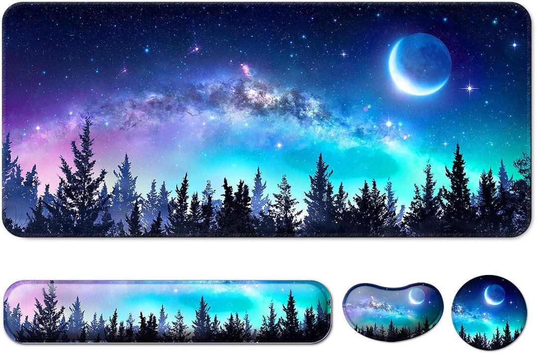 Keyboard Wrist Rest + Mouse Pad with Wrist Support + Desk Mat + Coaster 4 in 1 Set, XXL Large Gaming Mousepad Cute Ergonomic Mouse Pads for Desk Computer Laptop Office Decor-Forest Moon