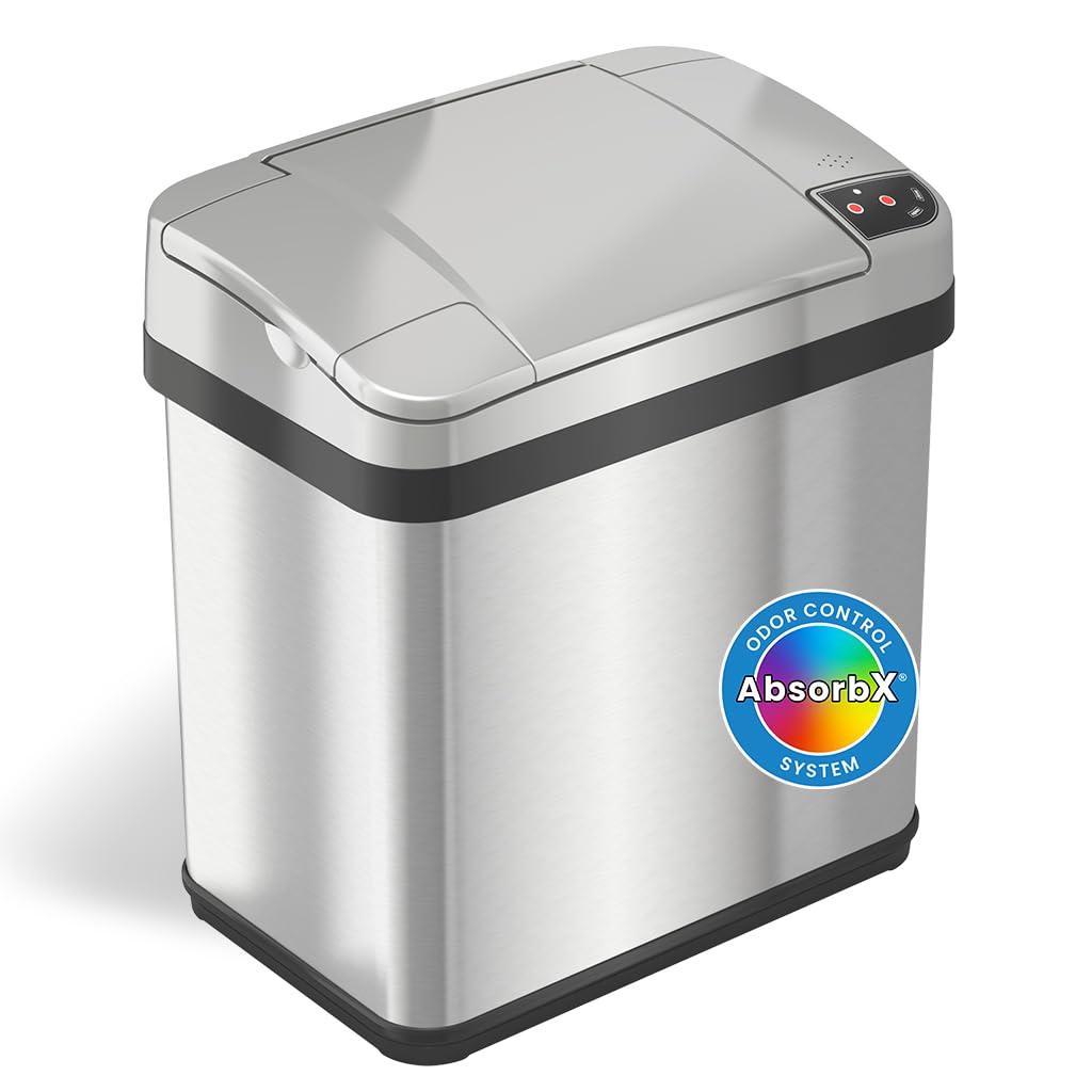 iTouchless 2.5 Gallon Bathroom Trash Can with Odor Control, 10 L Automatic Motion Sensor Bin, Soft-Close Stainless Steel, Slim Wastebasket for Narrow Spaces, Silver