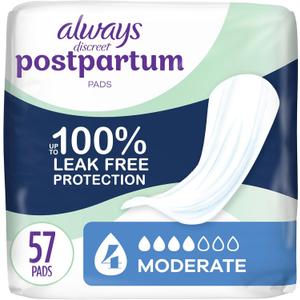 Always Discreet Postpartum Incontinence Pads, Moderate Absorbency, 57 Count