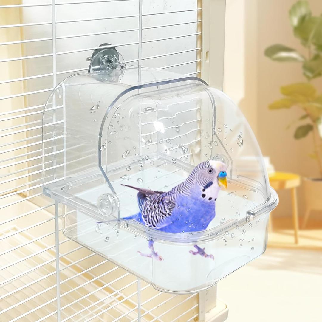 Bird Bath for Cage, Plastic Water Bowl Feeder for Pet Birds, Parrot Bathtub with Hanging Hooks for Little Bird Parrots Spacious Parakeets Portable Shower for Most Birdcage (clear)
