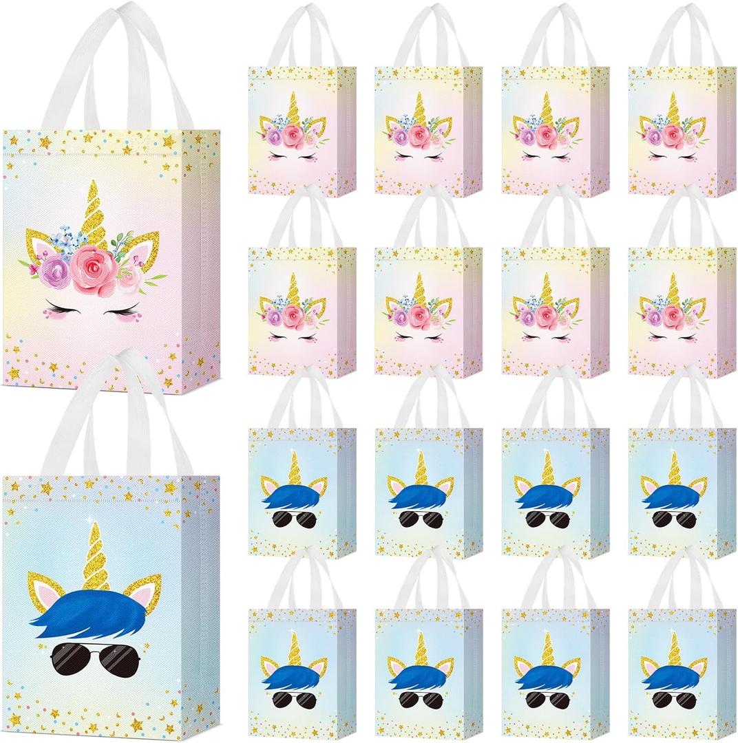 Locmeo 24 Pcs Unicorn Party Favor Bags with Handles - Reusable Non Woven Goodie Bags in Pink & Blue - Candy Treat Gift Bags for Girl & Boy Birthday Parties, 8 x 4 x 10 Inch