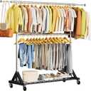 Luxspire Heavy Duty Clothes Rack Load 600 LBS, Double Rod Clothing Rack, Rolling Garment Racks with Lockable Wheels, Shelves, Adjustable Laundry Hanging Racks for Clothes (Black+Silver)