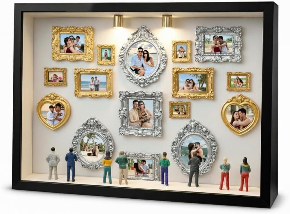DIY Mini Museum Picture Frames Set, Museum of Us Silhouette Shadow Box with 15 Vintage Mini Frames & 10 Mini Figurines, Family Photo Memory Display Case for Anniversary, Wedding, Home Decor