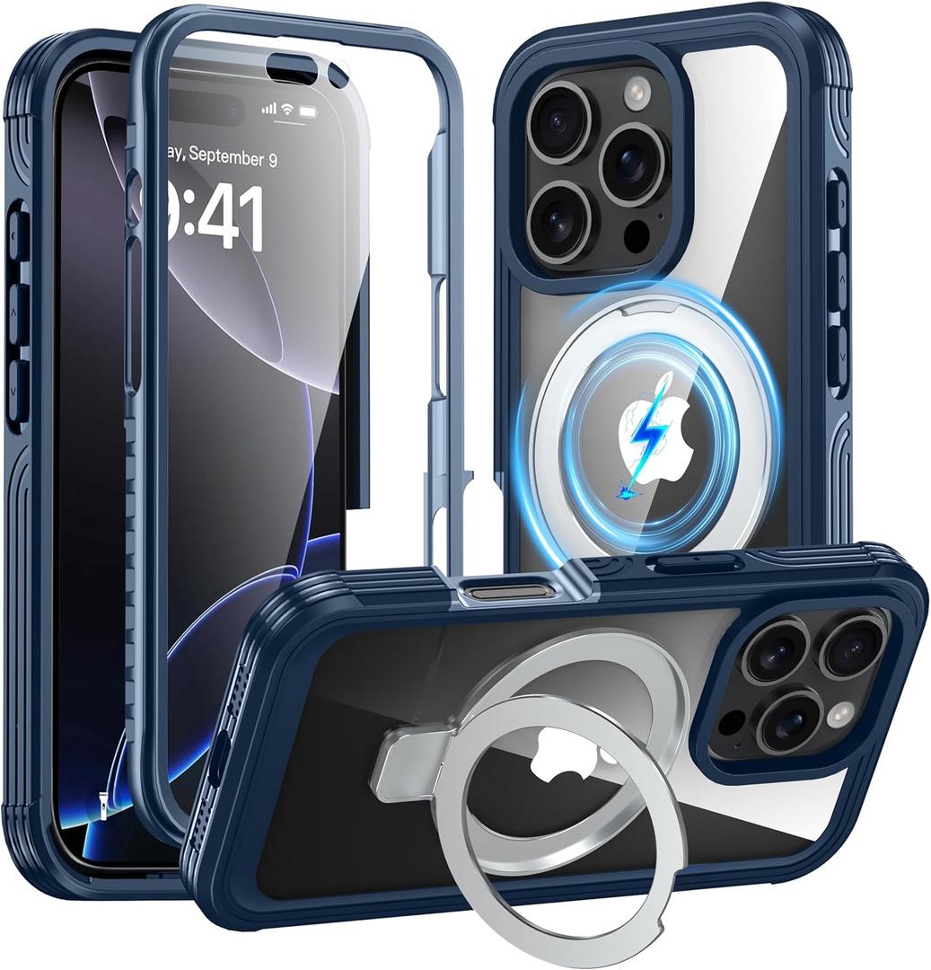 GUSTAVE Magnetic Stand for iPhone 16 Pro Case [Fit for Magsafe] [Built-in 9H Tempered Glass Screen Protector] Full-Body Shockproof Military-Grade Protective Case Blue