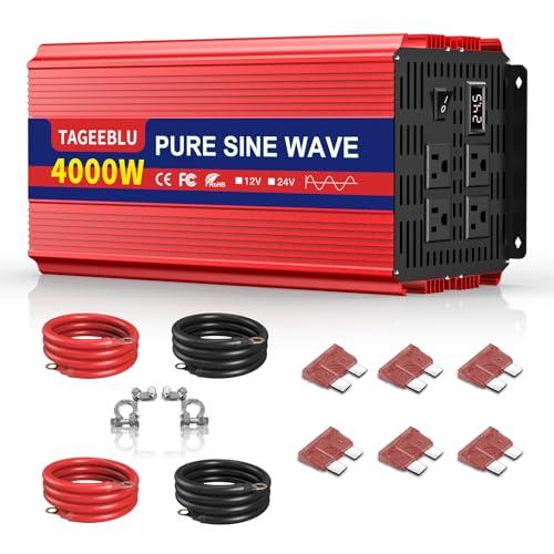 TAGEEBLU 4000W 24V Pure Sine Wave Inverter, 24V DC to 110V/120V AC Power Inverter for RV、Off Grid、Truck、Power Outage with 4 AC outlets and LCD Display