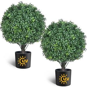 21.6“ Artificial Topiary Ball Trees Set of 2, UV Protected Outdoor Faux Potted Plants with Cement Pot, Evergreen Shrubs Bushes for Front Door Porch Garden Backyard