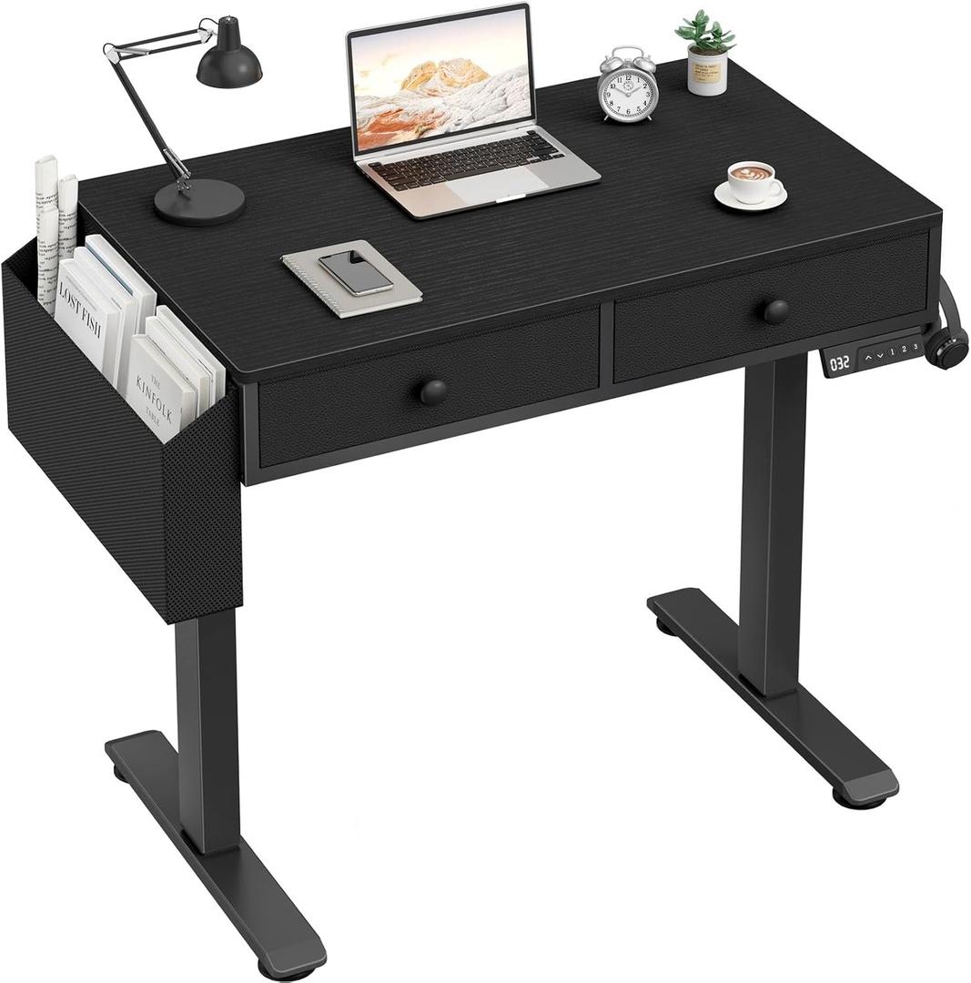 KLUVIS Electric Standing Desk with Drawers - 32 Inch Small Black Height Adjustable Sit Stand Desk with Storage for Home Office Bedroom, Study Writing Compact Stand up Computer Desks for Boys Girl Work, 31.5''