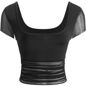 Women's Mesh Sheer Square Neck Crop T Shirt Ruched Short Sleeve Going Out Tops (L)