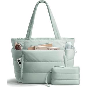 Puffer Tote Bag for Women, Lightweight Puffy Work Handbag Teacher Nurse Quilted Shoulder Bag for School Travel Gym | Cloud Bag w/ Zipper, Daily College Bags, 15.6" Computer Bag, Clinical Nursing Bag, 40 OZ Tumbler Holder, Ideal Gift for Women (Mint Green)