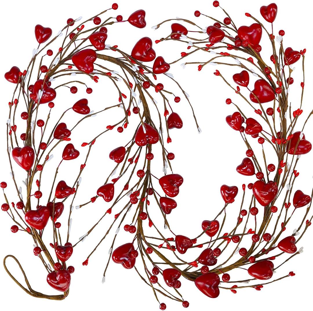 Winlyn 5.2' Valentine's Day Garland Red Heart and Berry Burgundy Berry Pip Artificial Garland Decorations for Spring Wedding Valentine Fireplace Mantel Table Dcor (Red)