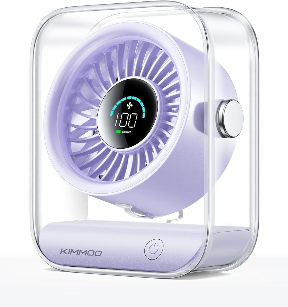 KIMMOO USB Desk Fan, Quiet Table Fan with Turbo Airflow, 100 Speeds, Digital Display, 90 Rotating, Small Rechargeable Battery Desktop Fans for Bedroom Home Office Travel, Lavender