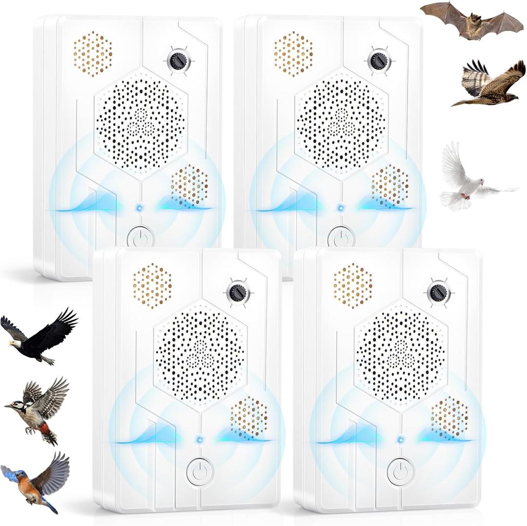 4Pack Upgraded Bat Deterrent Devices & Ultrasonic Bird Repellent Outdoor Rechargeable Woodpecker Deterrent for House Pigeon Repellent to Keep Birds Bats Out of Attic Porch Balconies Indoor