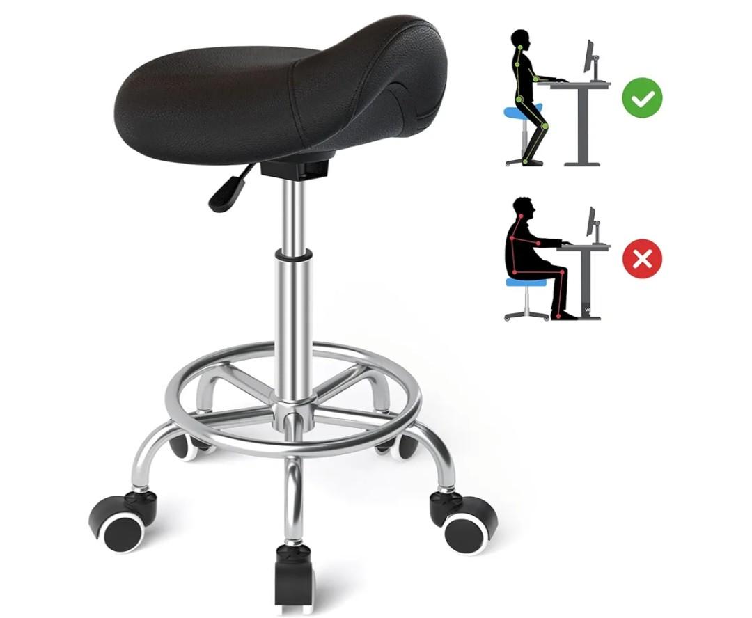 YEEZEE Saddle Stool Ergonomic- Comfortable Rolling Saddle Stool with Wide Thick Saddle Seat Padding, Swivel Adjustable Saddle Chair with Wheels and Ring Pedal for Medical Massage Salon (Dark Black)