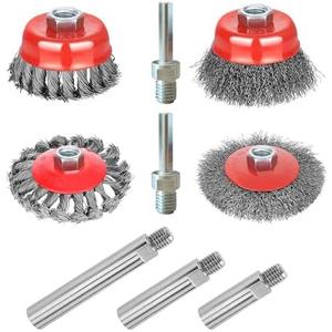 Gaquolam 9 Pack Wire Wheel Brush kit with 5/8"-11 Thread Grinder Extension Rod & Drill Adapter, 4" & 3" Wheel Cup Wire Brushes (Wire Wheel Set with Grinder Extension Rod & Drill Adapter)