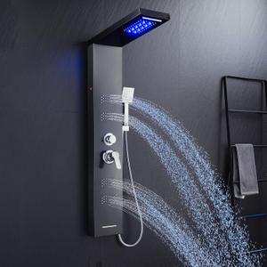 Stainless Steel Shower Panel Tower System with LED Lights, 5 in 1 Shower Panel with Rainfall Waterfall Shower Head, Body Spray, Handheld Shower, Tub Spout (Black)