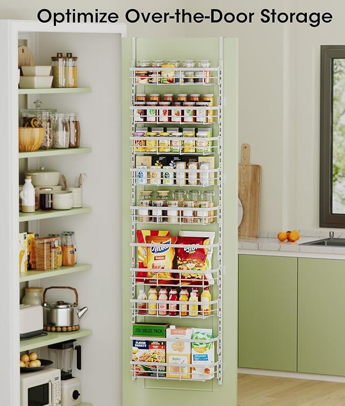 8-Tier Adjustable Over the Door Pantry Organizer with 2 Sets Hooks Fits Most Doors, Hanging Spice Rack for Pantry Door Organizer And Storage, White 8-Tier Adjustable Over the Door Pantry Organizer with 2 Sets Hooks Fits Most Doors, Hanging Spice Rack for Pantry Door Organizer And Storage, White