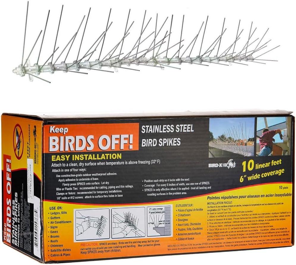 Bird-X Stainless Steel Bird Spikes, 6-inch Regular Wide Spikes, Bird Spikes for Pigeons and Other Small Birds, Easy to Install, Contains 2 ft. Strips, Covers 50 Linear Feet Area
