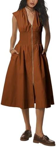 Tomosc Women Sleeveless Midi Dress Summer Casual V Neck Zip Front Smocked Shirt Dress with Pockets XS
