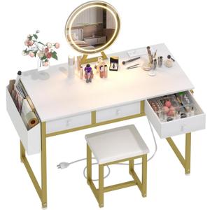 Lufeiya White Makeup Vanity Desk with Mirror and Lights, 40 inch Make Up Vanity Desks with Fabric Drawers & Charging Station, Dressing Table and Chair Set for Bedroom Girls, White Gold
