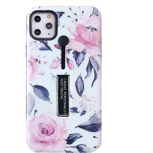 2 x Compatible with iPhone 11 Pro Case Finger Grip,3D Embossed Pink Flowers White Shell Design, Rugged Shockproof Slim Fit Dual Layer Finger Ring Loop Strap Case, Invisible Bracket Phone case(White)
