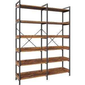 Huuger 6 Tier Bookshelf, Corner Bookshelf with 12 Open Shelves and Raised Baffle, 47.2 Inch Straight Wide Bookcase with Metal Frame and Wooden Board, Adjustable Feet, Rustic Brown