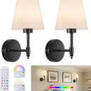 Battery Operated Wall Sconces Set of Two, Rechargeable Wireless Wall Lights with RGB Dimmable Magnetic Bulb and Remote,15 Colors Options Wireless Wall Lamps for Bedroom Living Room Hallway -black